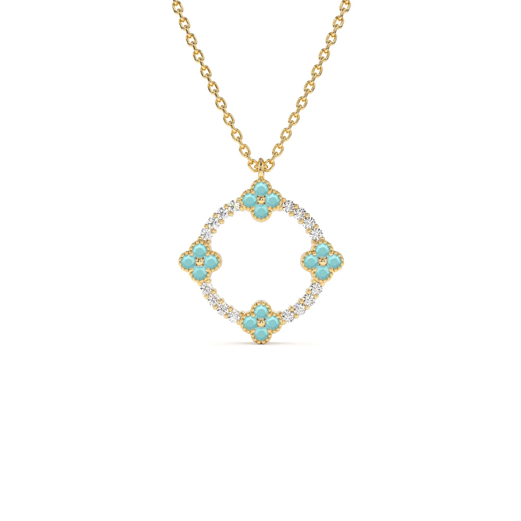 14K Turquoise and Diamond Clover Pendant Necklace by Orlina Fine