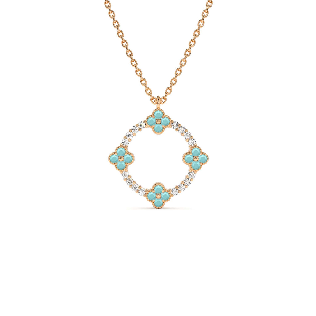 14K Turquoise and Diamond Clover Pendant Necklace - view 2