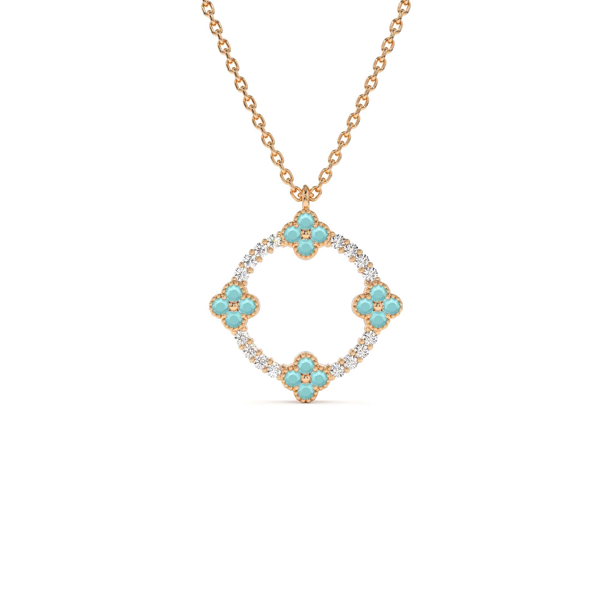14K Turquoise and Diamond Clover Pendant Necklace - view 2