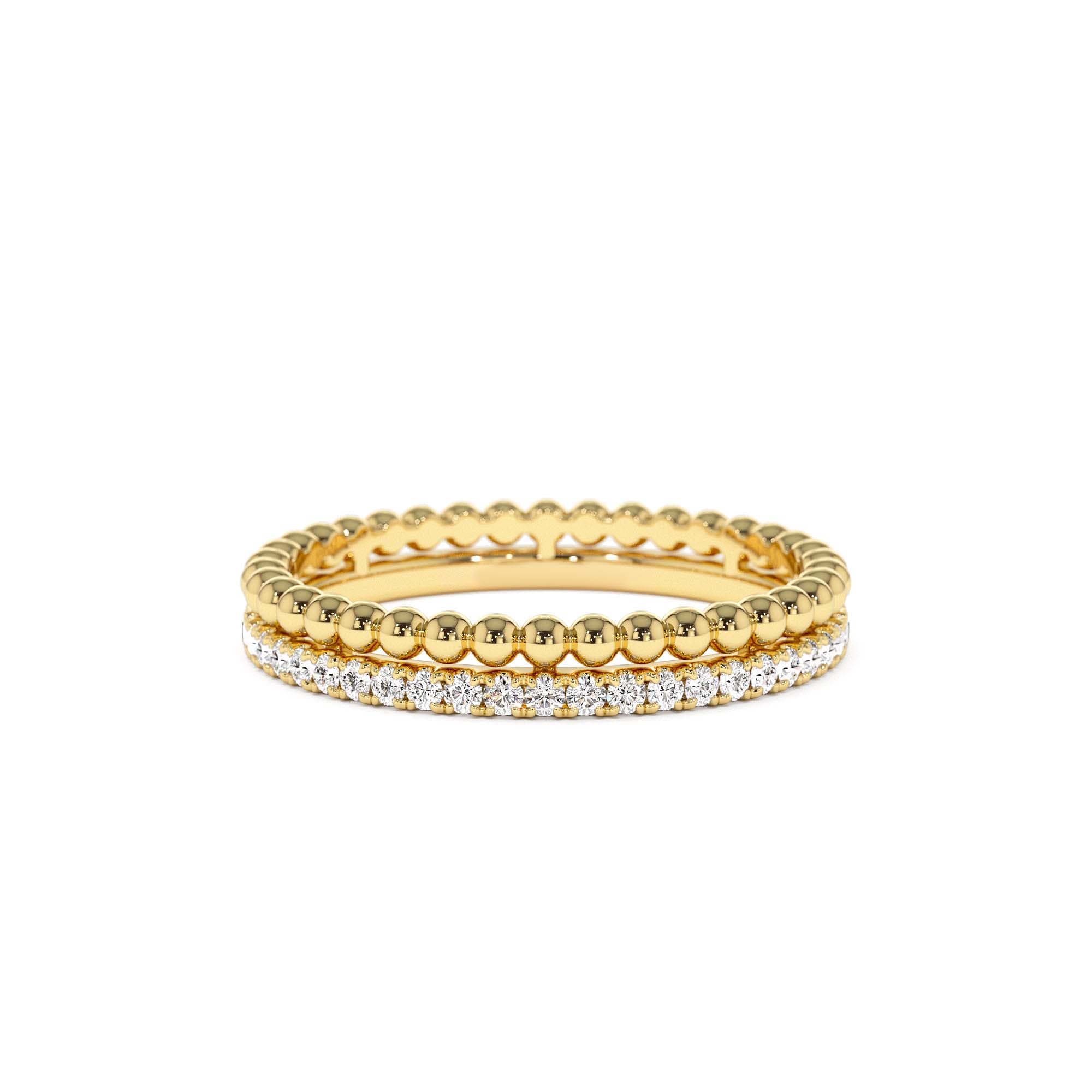 14K Stacked Beaded Ring with Diamond Ring by Orlina Fine