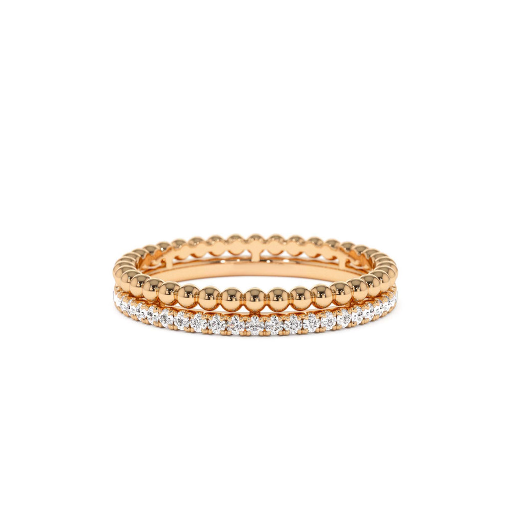 14K Stacked Beaded Ring with Diamond Ring - view 2