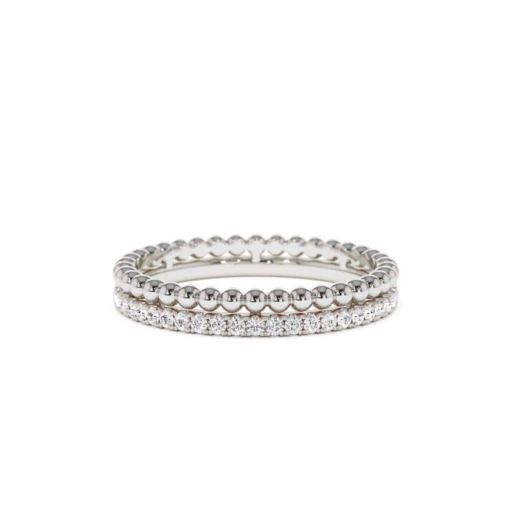 14K Stacked Beaded Ring with Diamond Ring - view 3