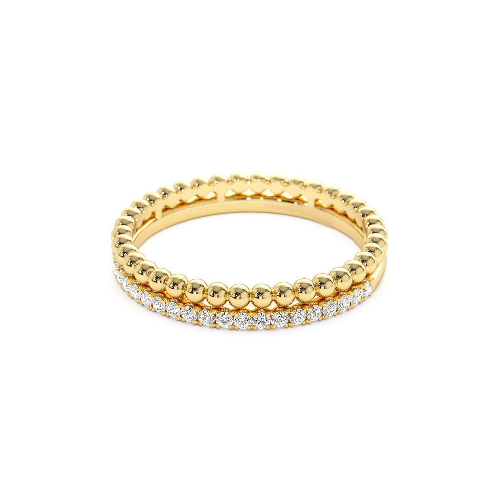 14K Stacked Beaded Ring with Diamond Ring - view 4
