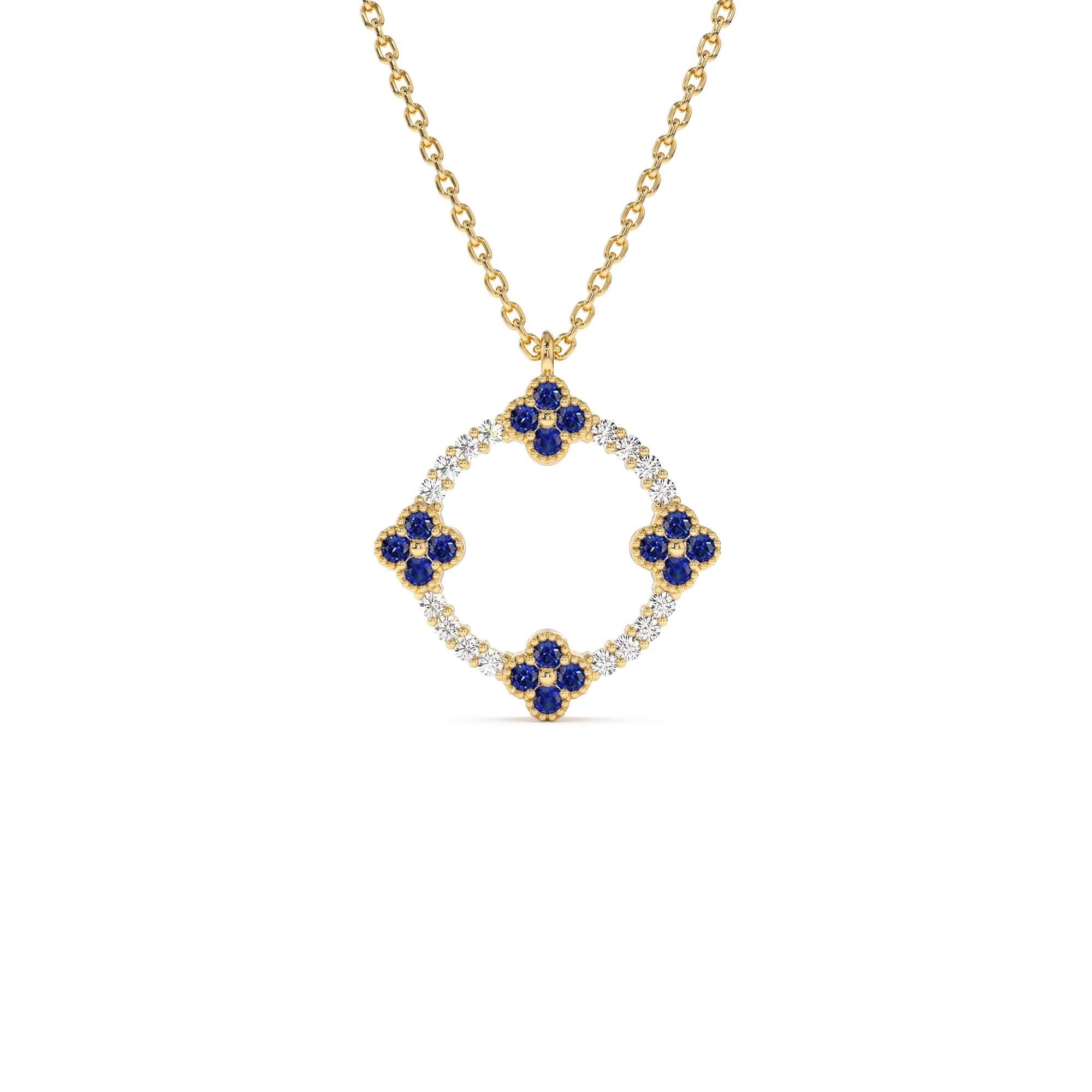 14K Diamond and Sapphire Clover Necklace by Orlina Fine