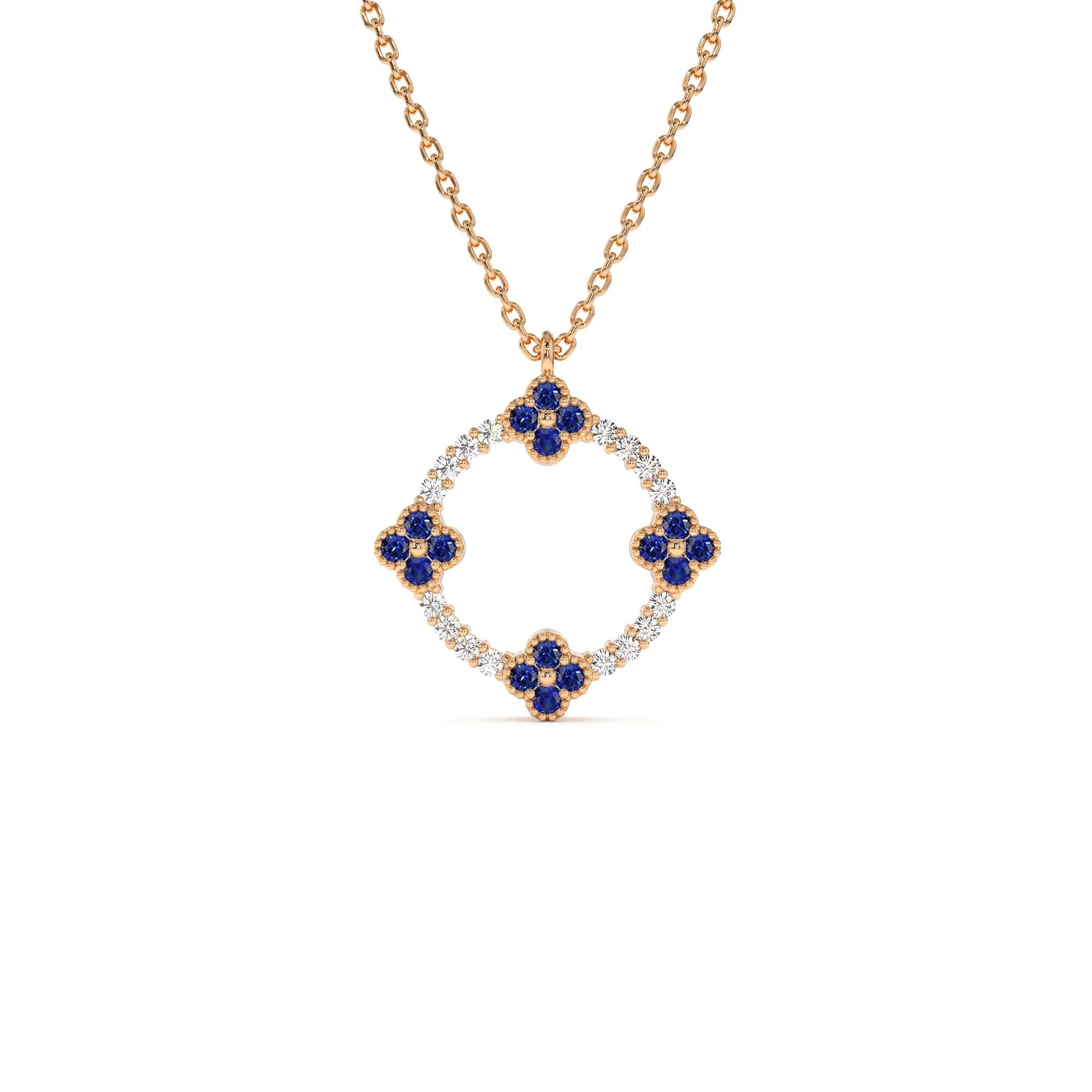 14K Diamond and Sapphire Clover Necklace - view 2