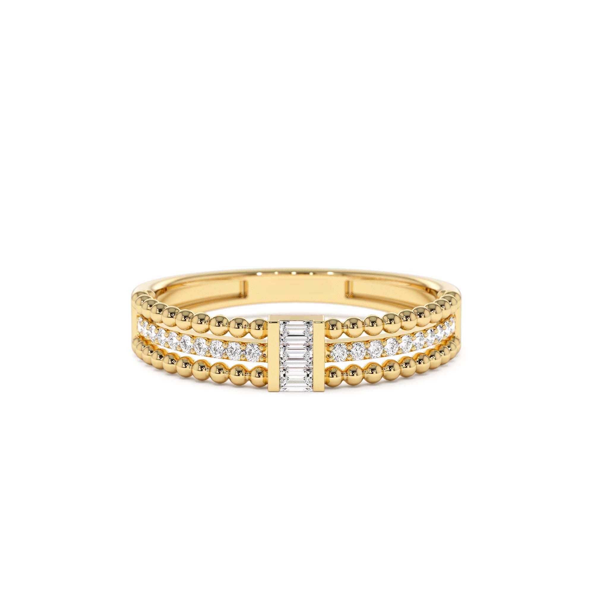 14K Beaded Baguette and Round Diamond Ring by Orlina Fine