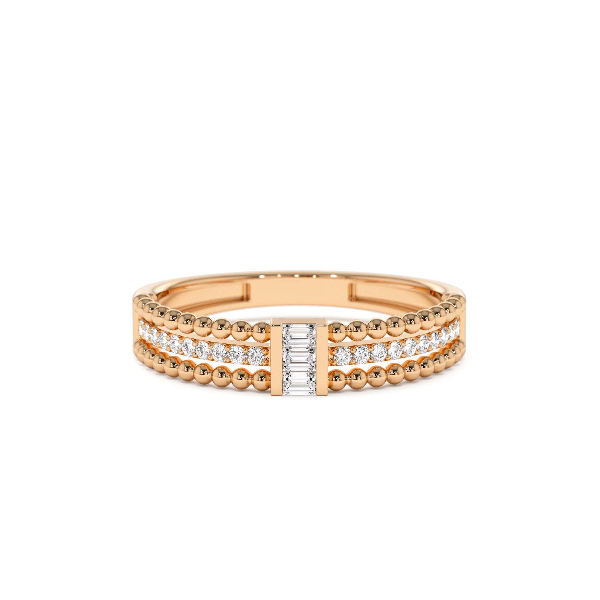 14K Beaded Baguette and Round Diamond Ring - view 2