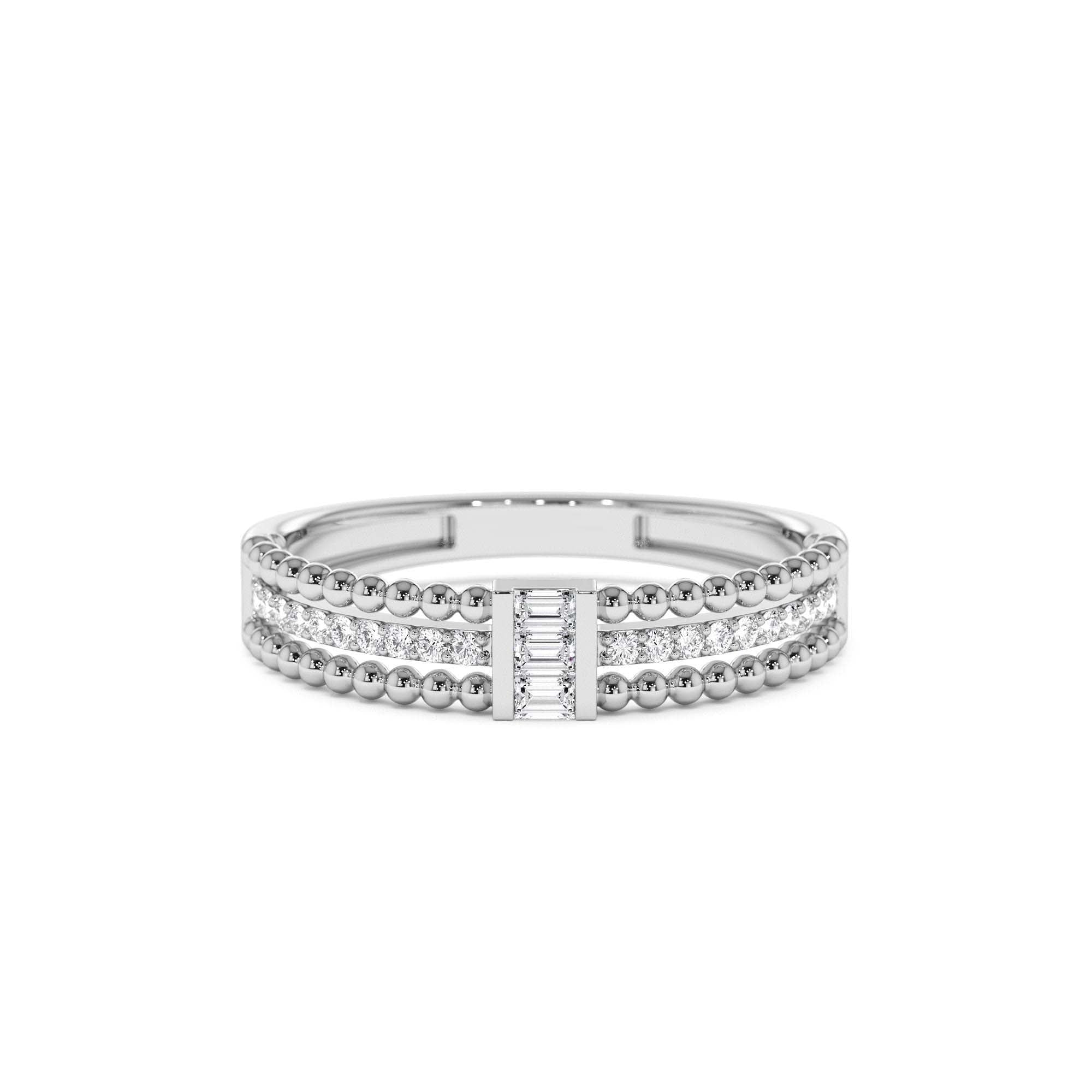 14K Beaded Baguette and Round Diamond Ring - view 3