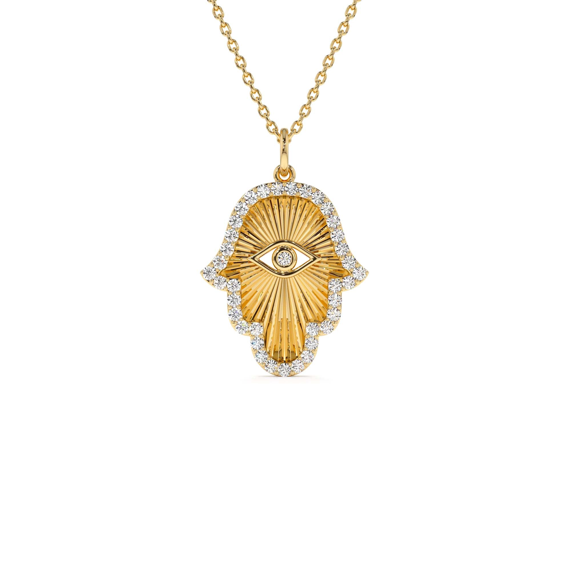 14K Diamond Hamsa & Evil Eye Hand of Fatima Necklace by Orlina Fine