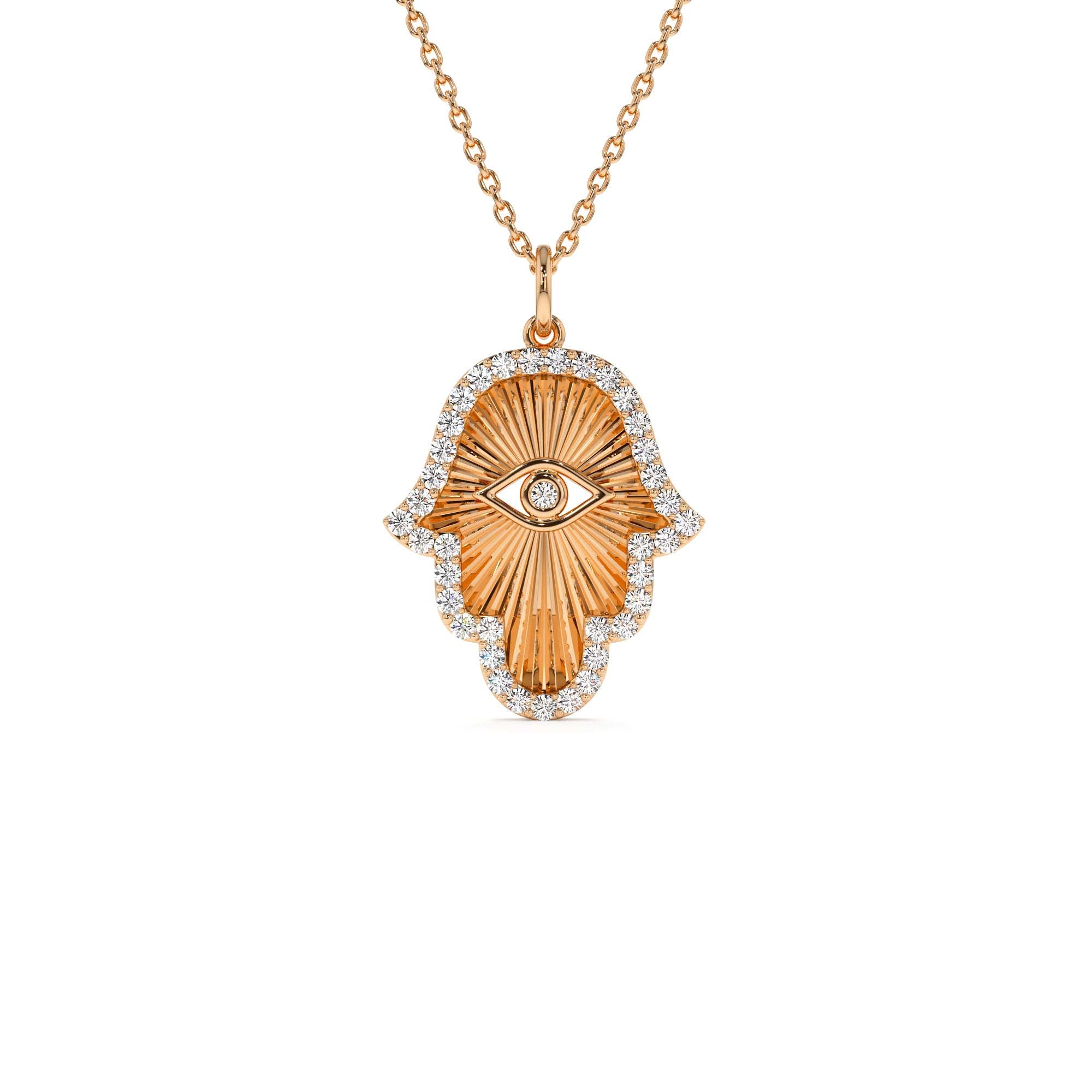 14K Diamond Hamsa & Evil Eye Hand of Fatima Necklace - view 2