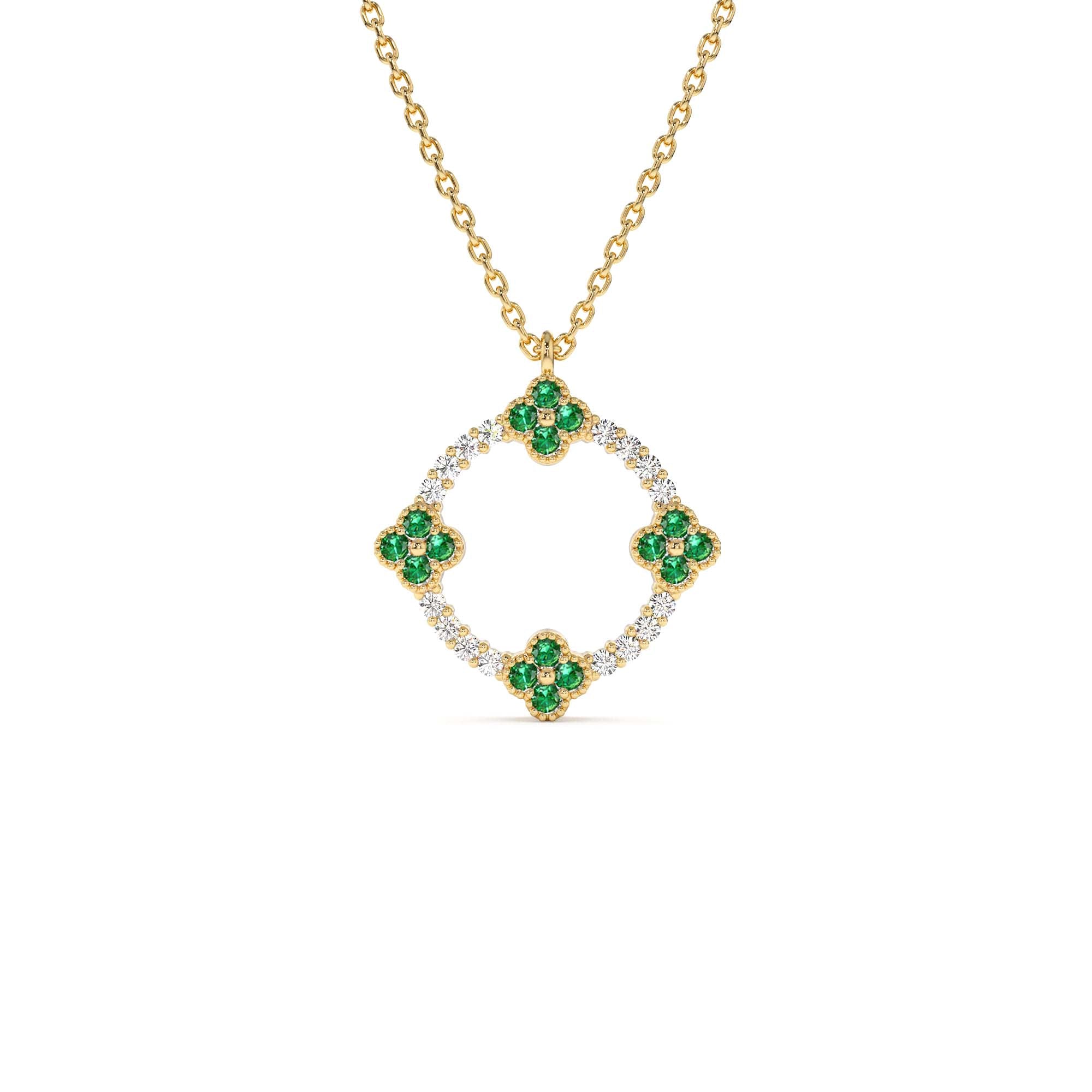 14K Diamond and Emerald Clover Necklace by Orlina Fine