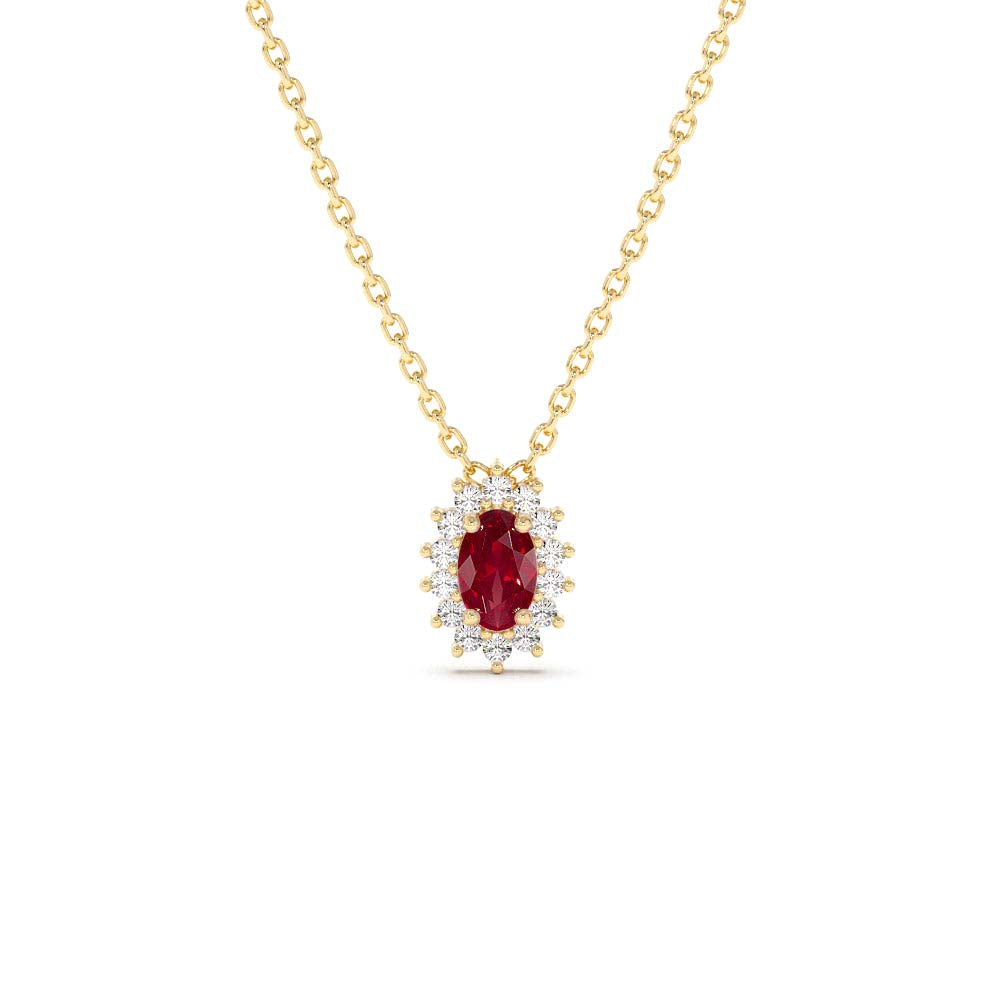 14K Ruby Necklace with Halo Diamonds by Orlina Fine