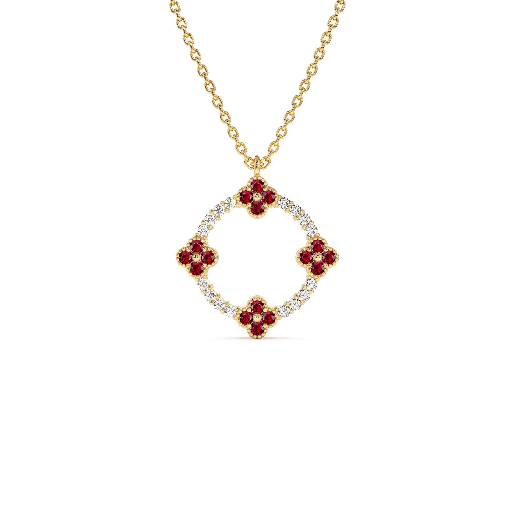 14K Diamond and Ruby Clover Necklace by Orlina Fine