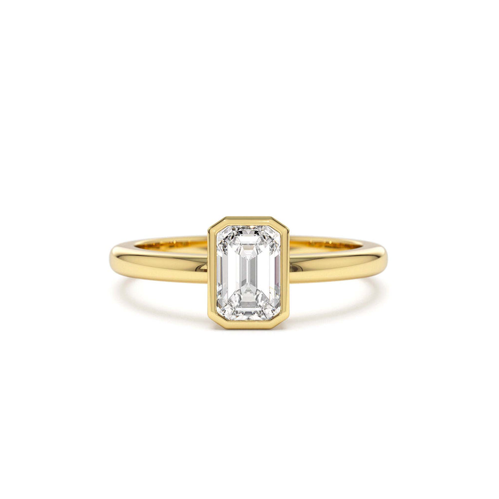 0.75 - 1.50 CTW 14K Bezel Setting Emerald Cut Lab Grown Diamond Engagement Ring by Orlina Fine
