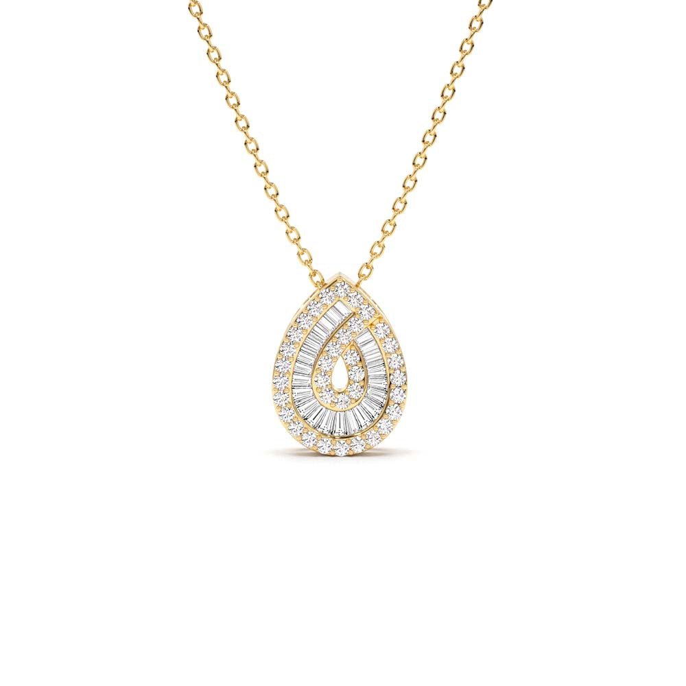 14K Teardrop Shape Baguette and Round Diamond Statement Necklace by Orlina Fine