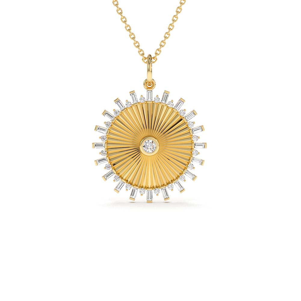 14K Baguette and Round Diamond Disc Ray Necklace by Orlina Fine