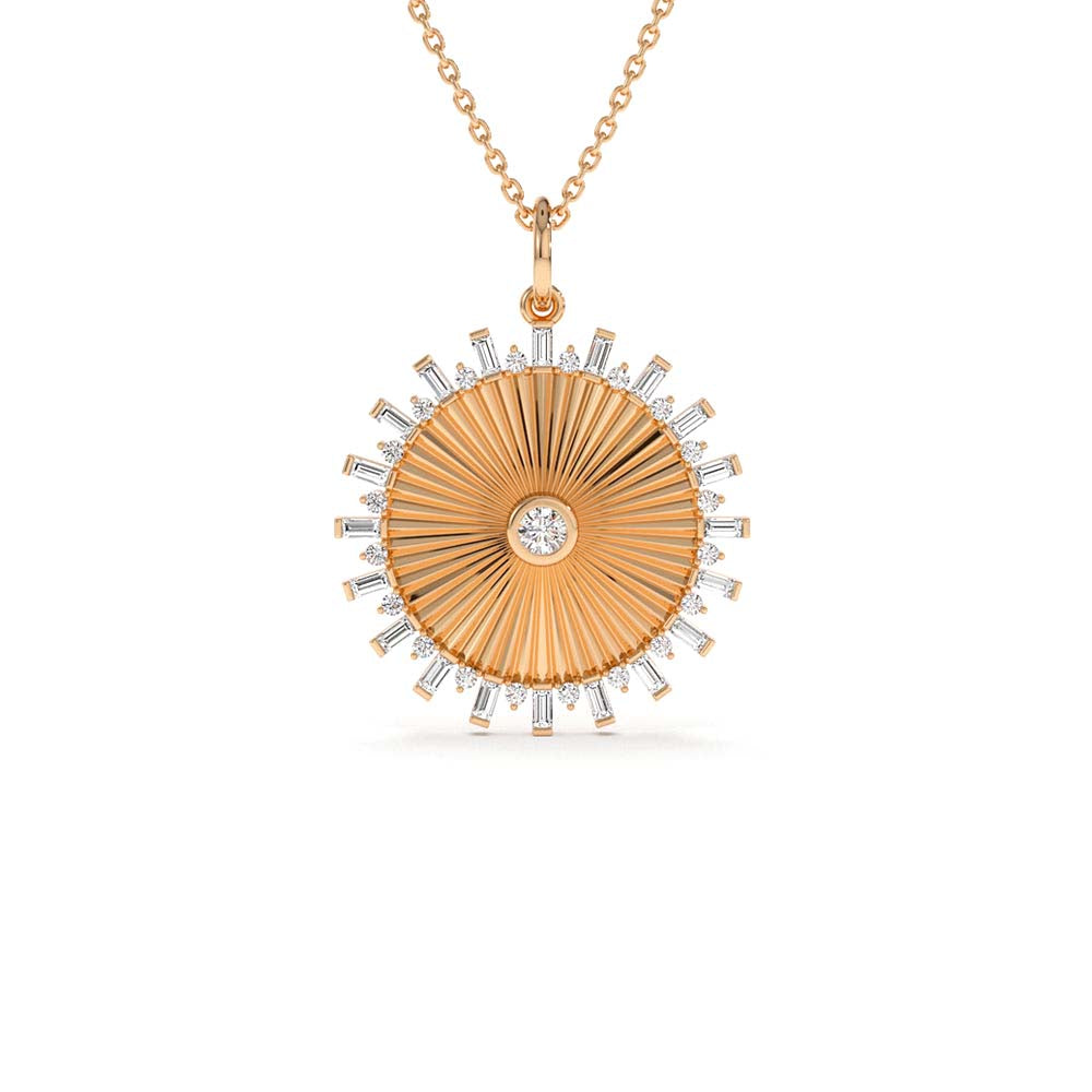 14K Baguette and Round Diamond Disc Ray Necklace - view 2