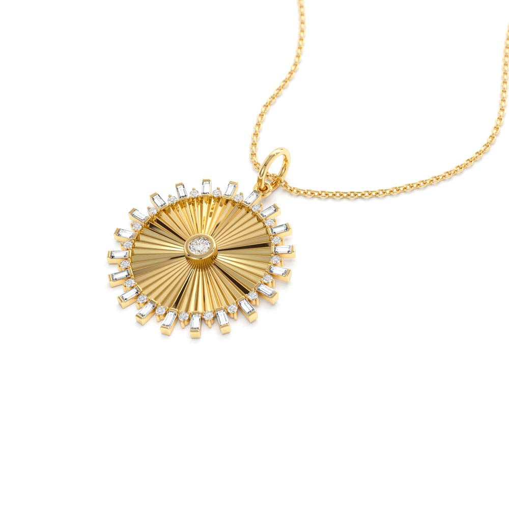 14K Baguette and Round Diamond Disc Ray Necklace - view 4