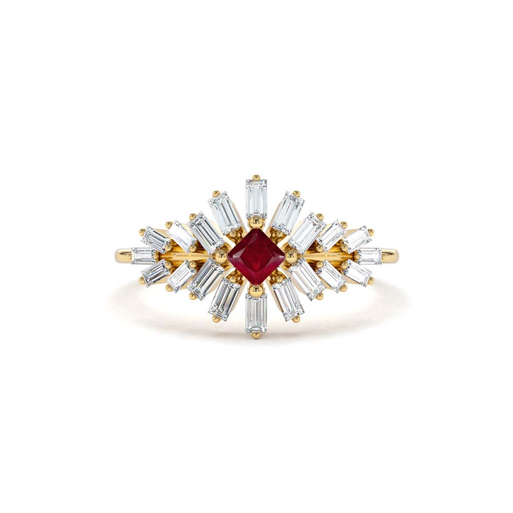 14K Baguette Diamond Ring with a Square Ruby by Orlina Fine