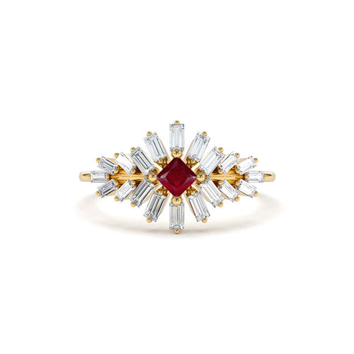 14K Baguette Diamond Ring with a Square Ruby by Orlina Fine