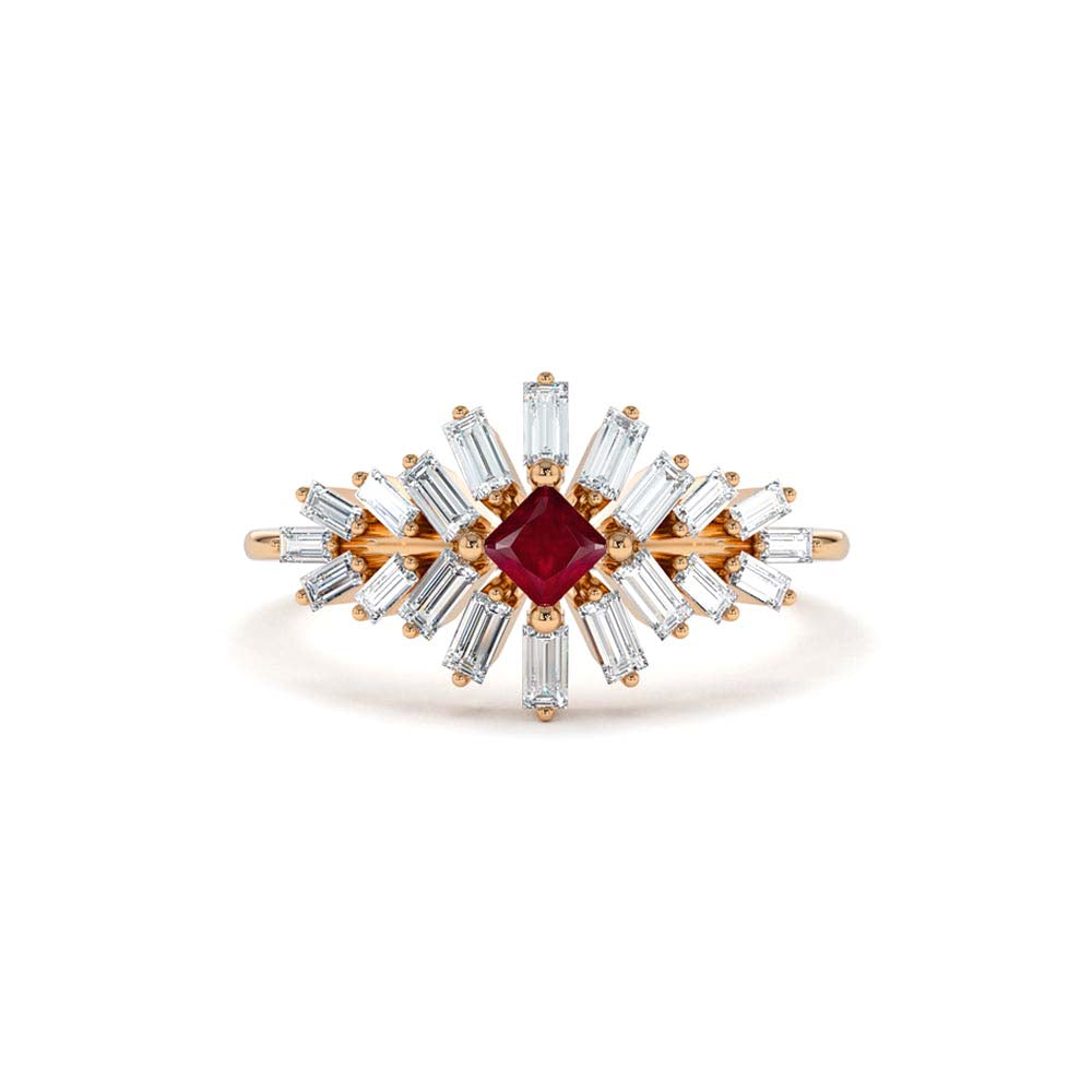 14K Baguette Diamond Ring with a Square Ruby - view 2