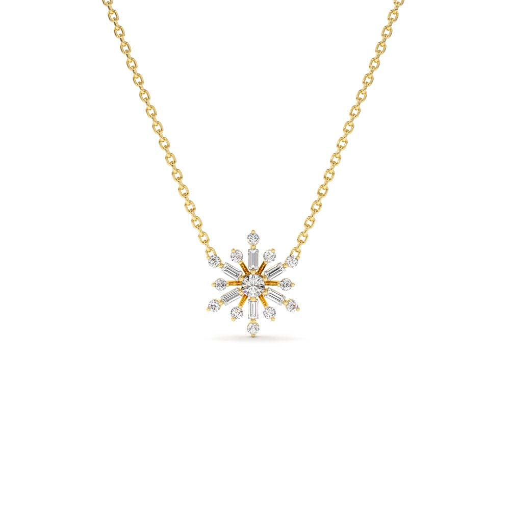 14K Baguette and Round Diamond Snowflake Necklace by Orlina Fine