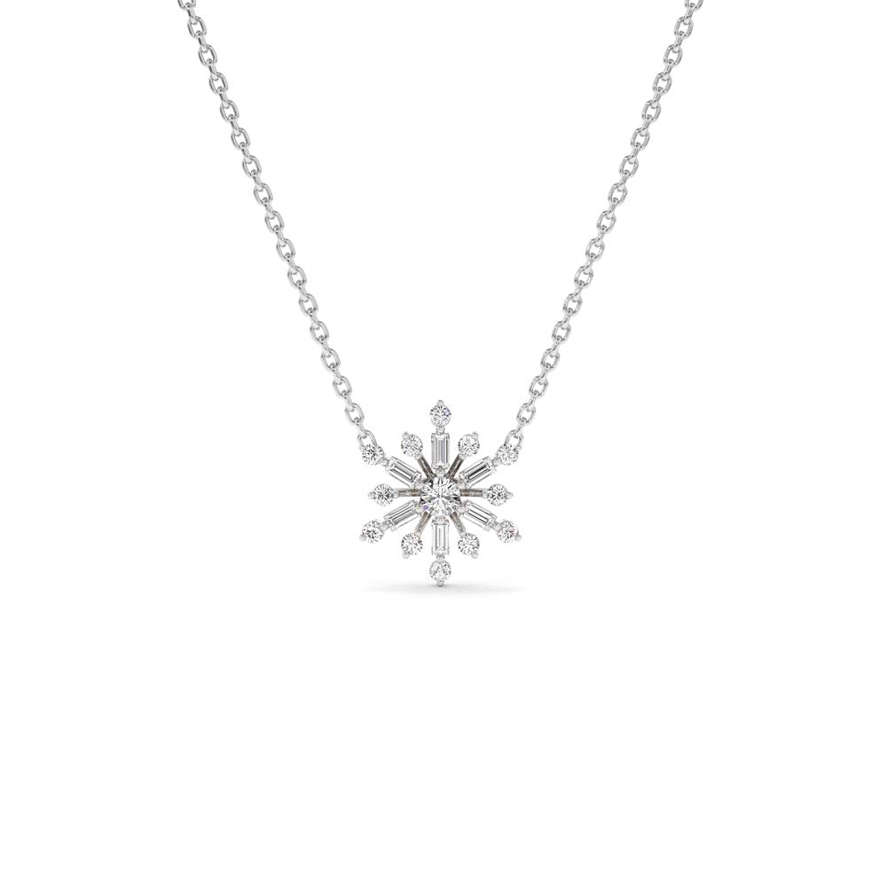 14K Baguette and Round Diamond Snowflake Necklace - view 3