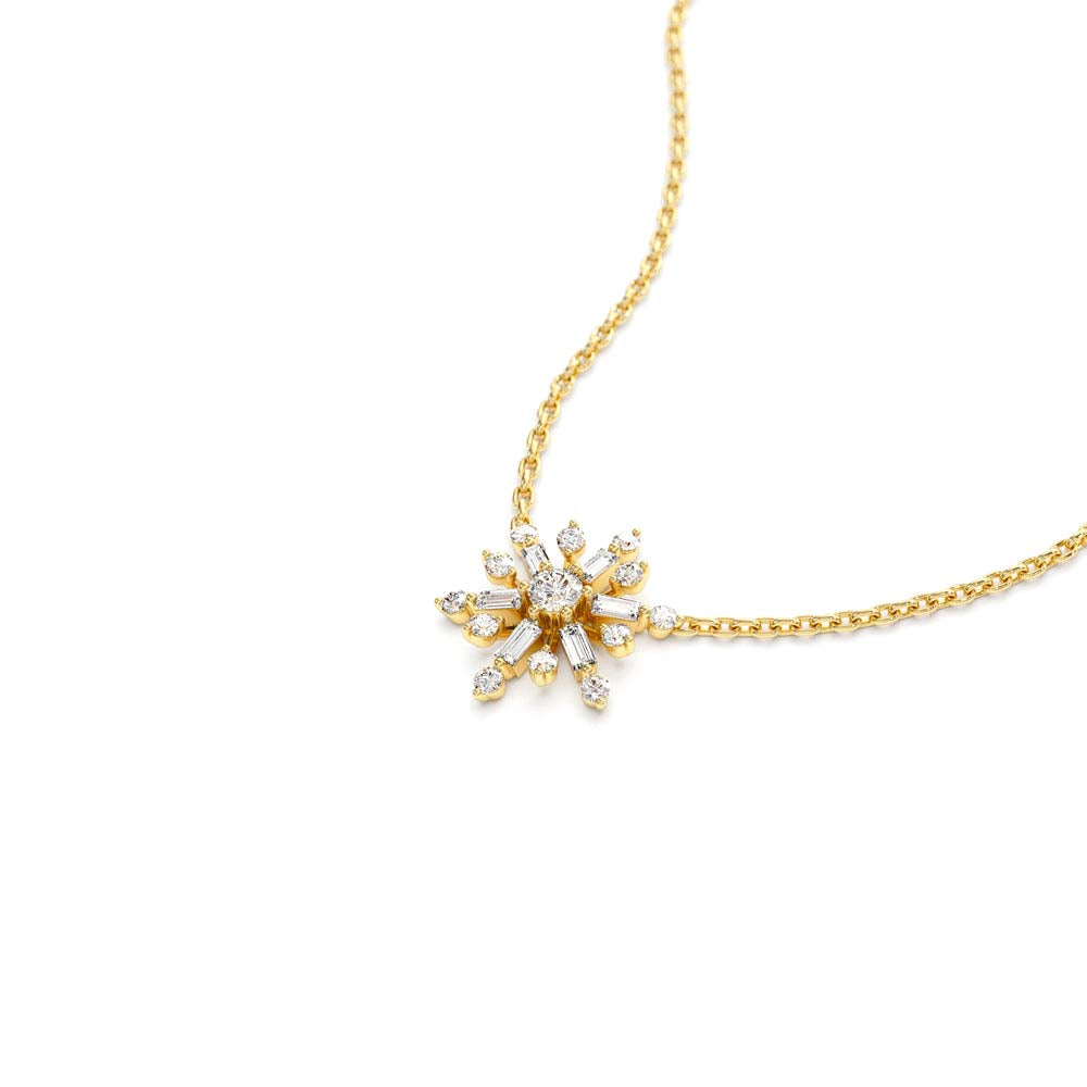 14K Baguette and Round Diamond Snowflake Necklace - view 4