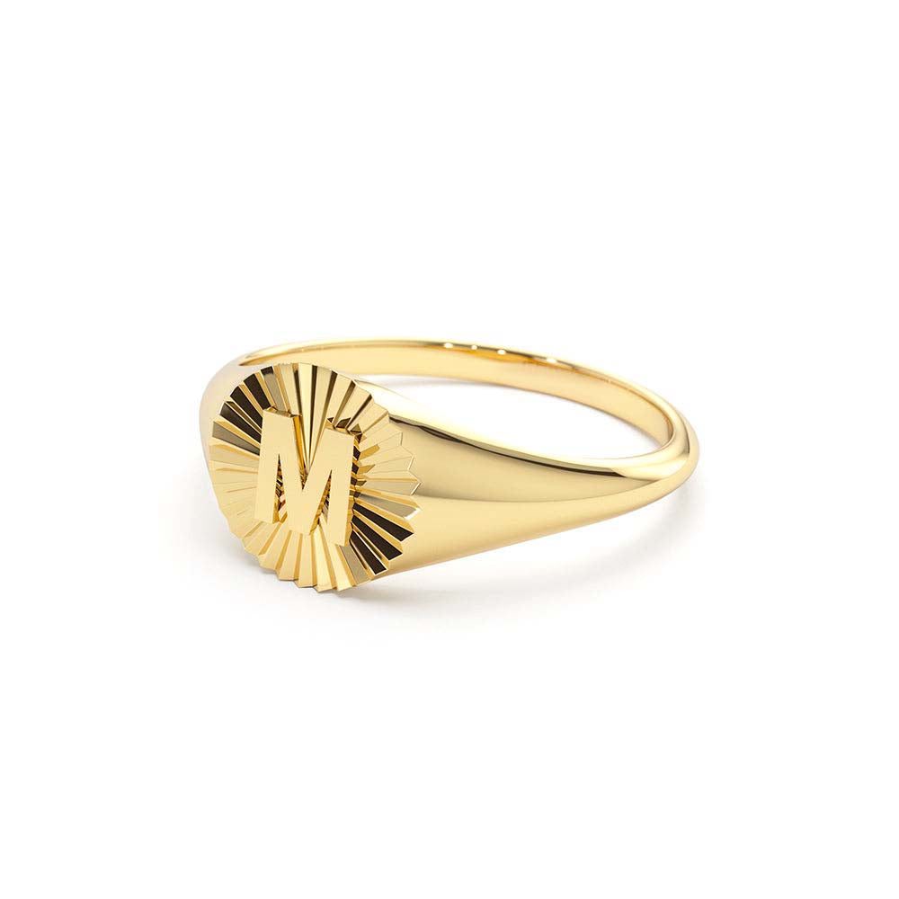 14K Sunburst Initial Signet Ring - view 4