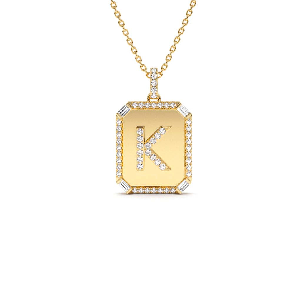 14K Baguette and Round Diamond Tag Initial Necklace by Orlina Fine