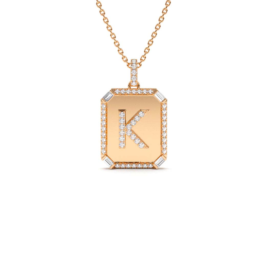 14K Baguette and Round Diamond Tag Initial Necklace - view 2