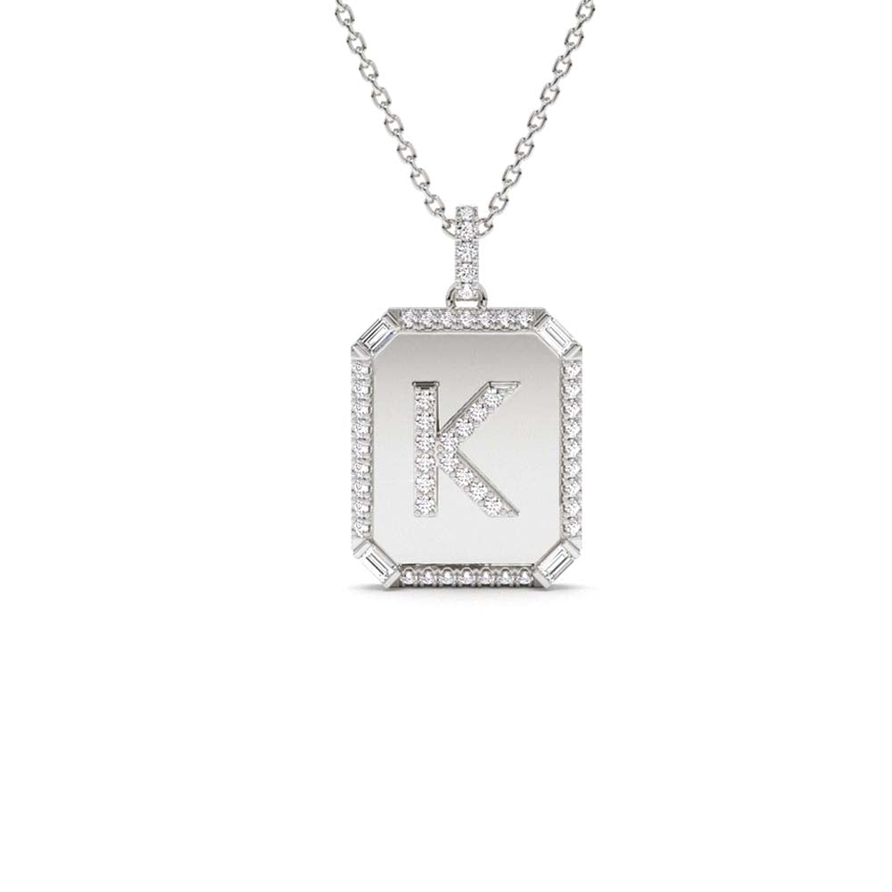 14K Baguette and Round Diamond Tag Initial Necklace - view 3