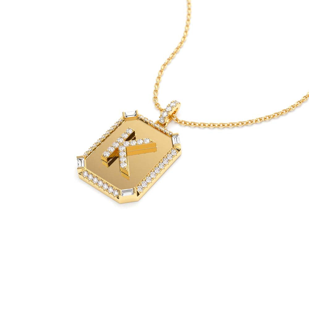 14K Baguette and Round Diamond Tag Initial Necklace - view 4