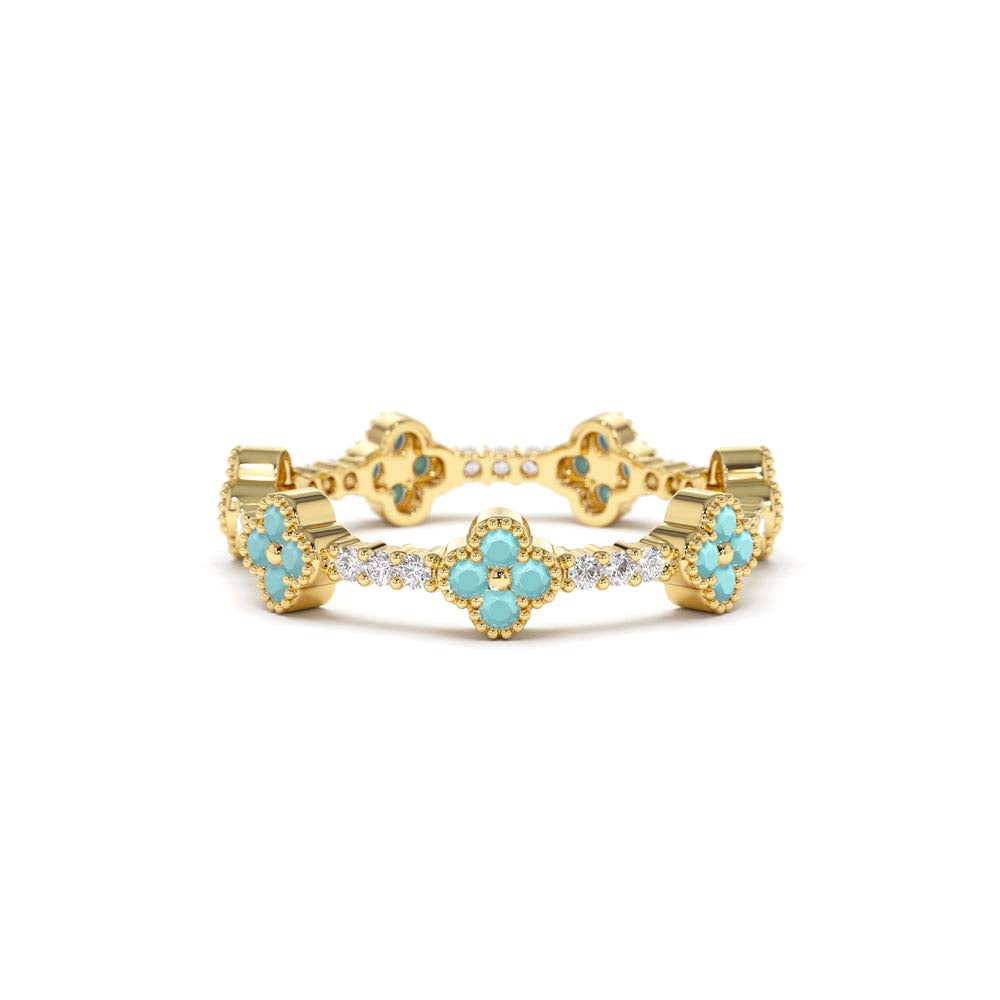 14K Full Eternity Clover Turquoise and Diamond Ring by Orlina Fine