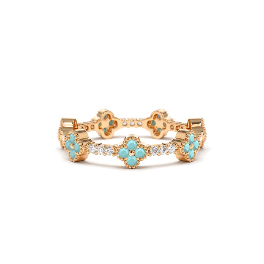 14K Full Eternity Clover Turquoise and Diamond Ring - view 3