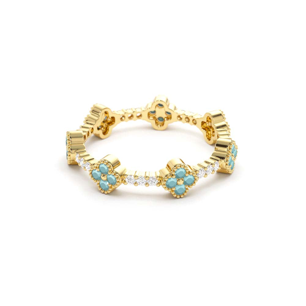 14K Full Eternity Clover Turquoise and Diamond Ring - view 4