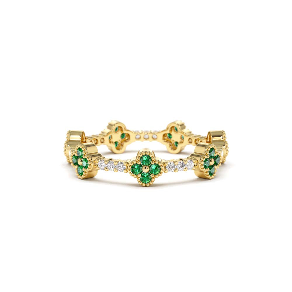 14K Full Eternity Clover Emerald and Diamond Ring by Orlina Fine
