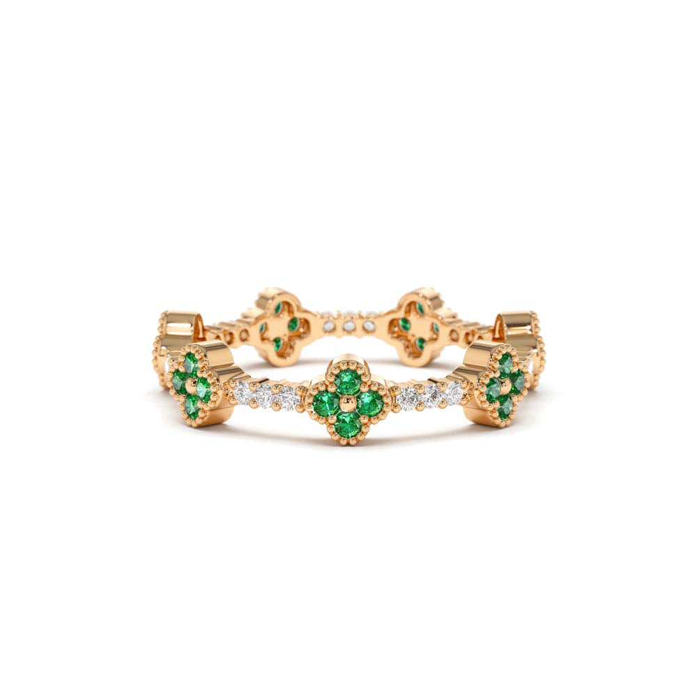 14K Full Eternity Clover Emerald and Diamond Ring - view 2