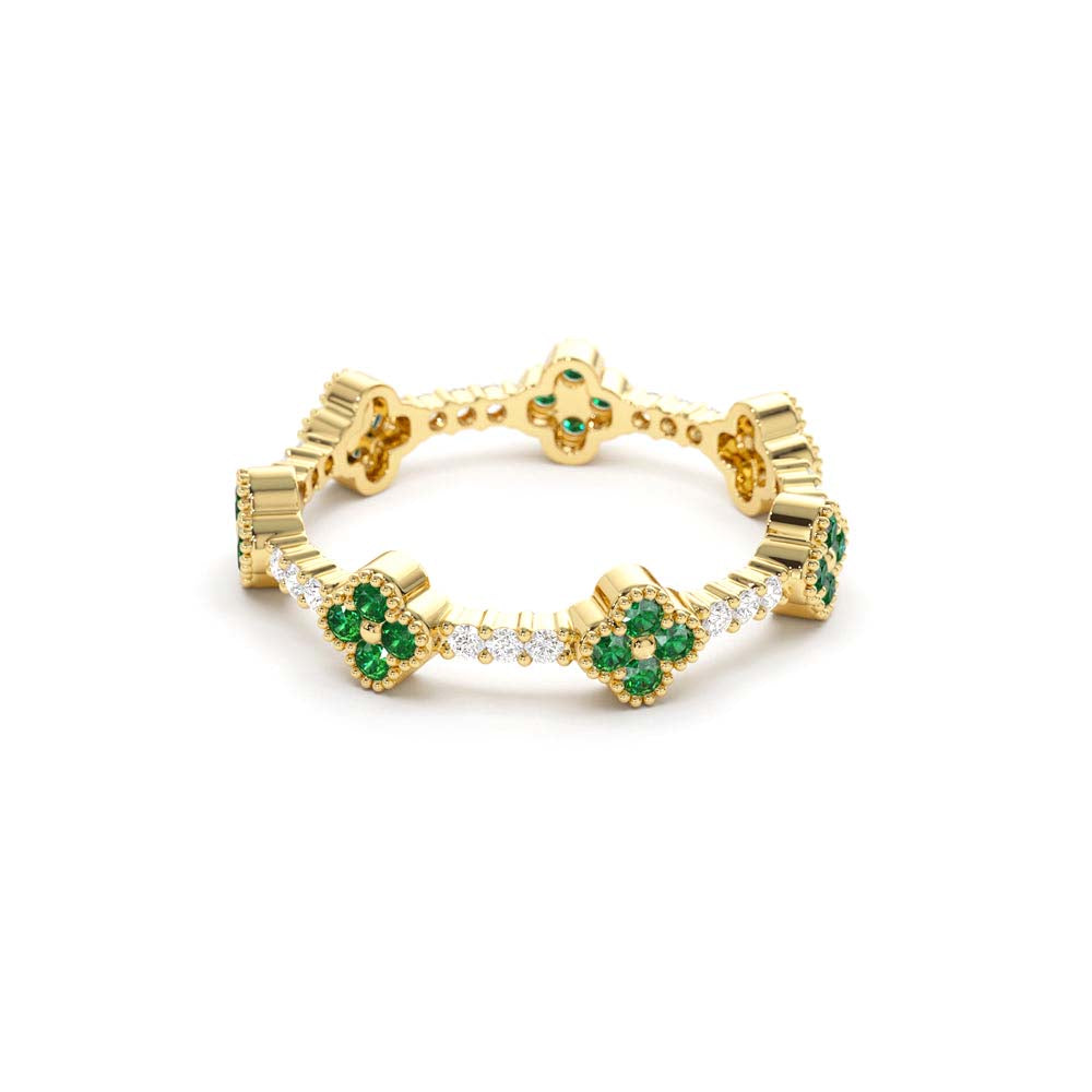 14K Full Eternity Clover Emerald and Diamond Ring - view 4