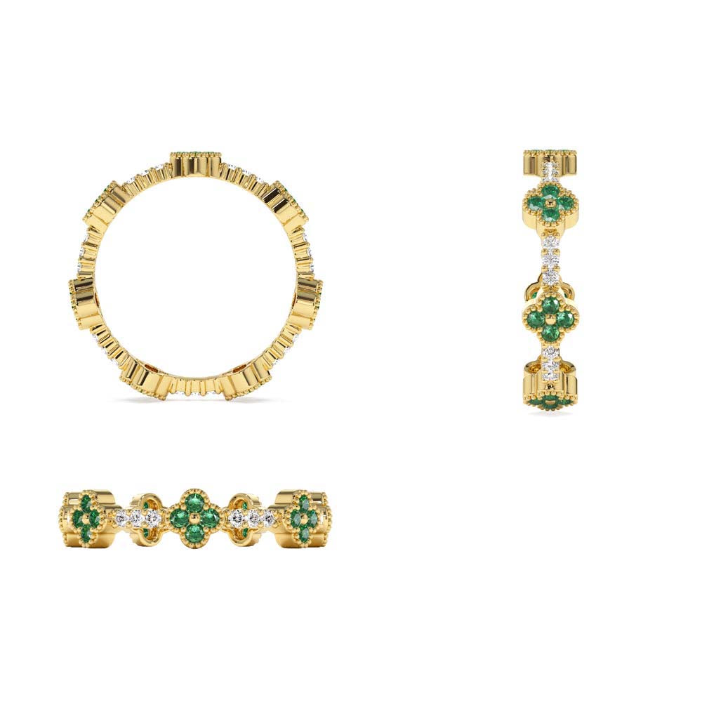 14K Full Eternity Clover Emerald and Diamond Ring - view 5