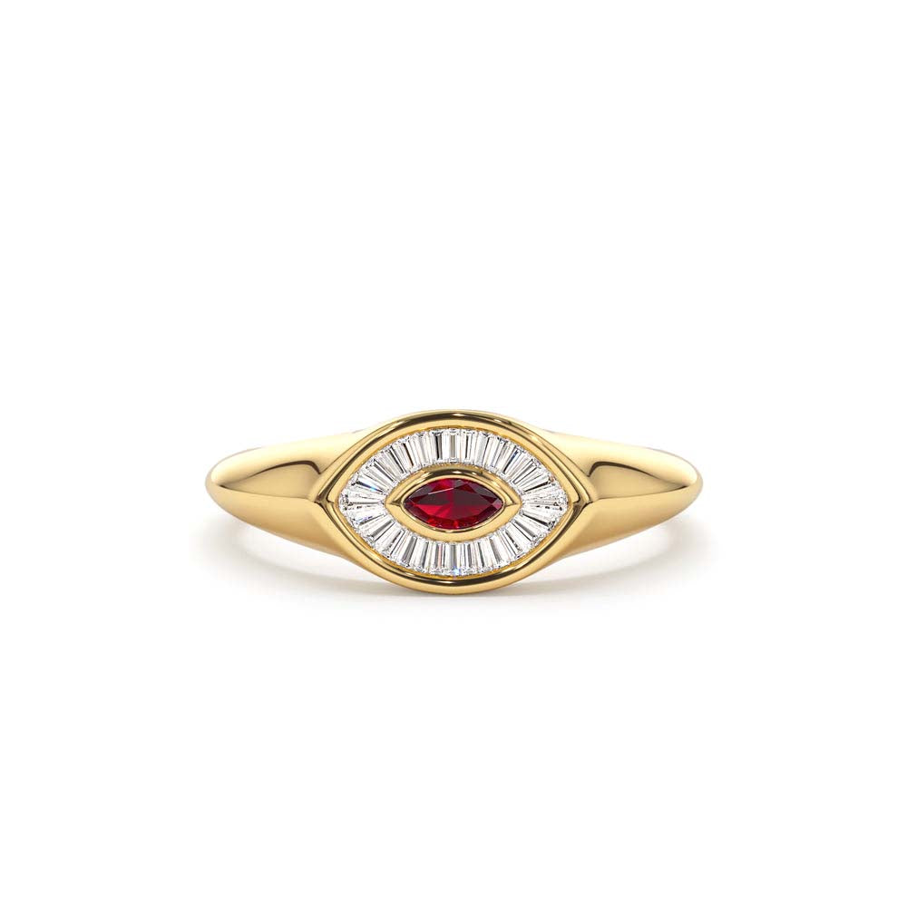14K Marquise Shaped Ruby and Baguette Diamond Ring by Orlina Fine