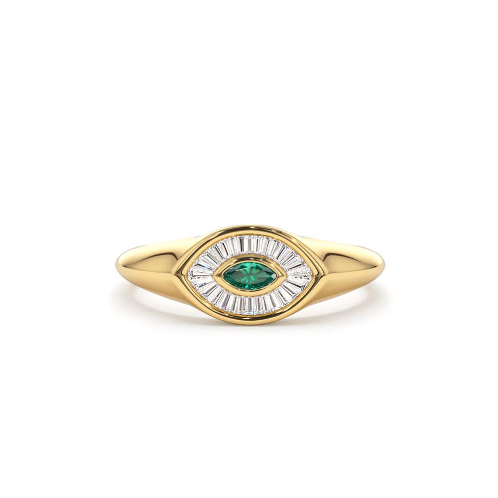 14K Marquise Shaped Emerald and Baguette Diamond Ring by Orlina Fine
