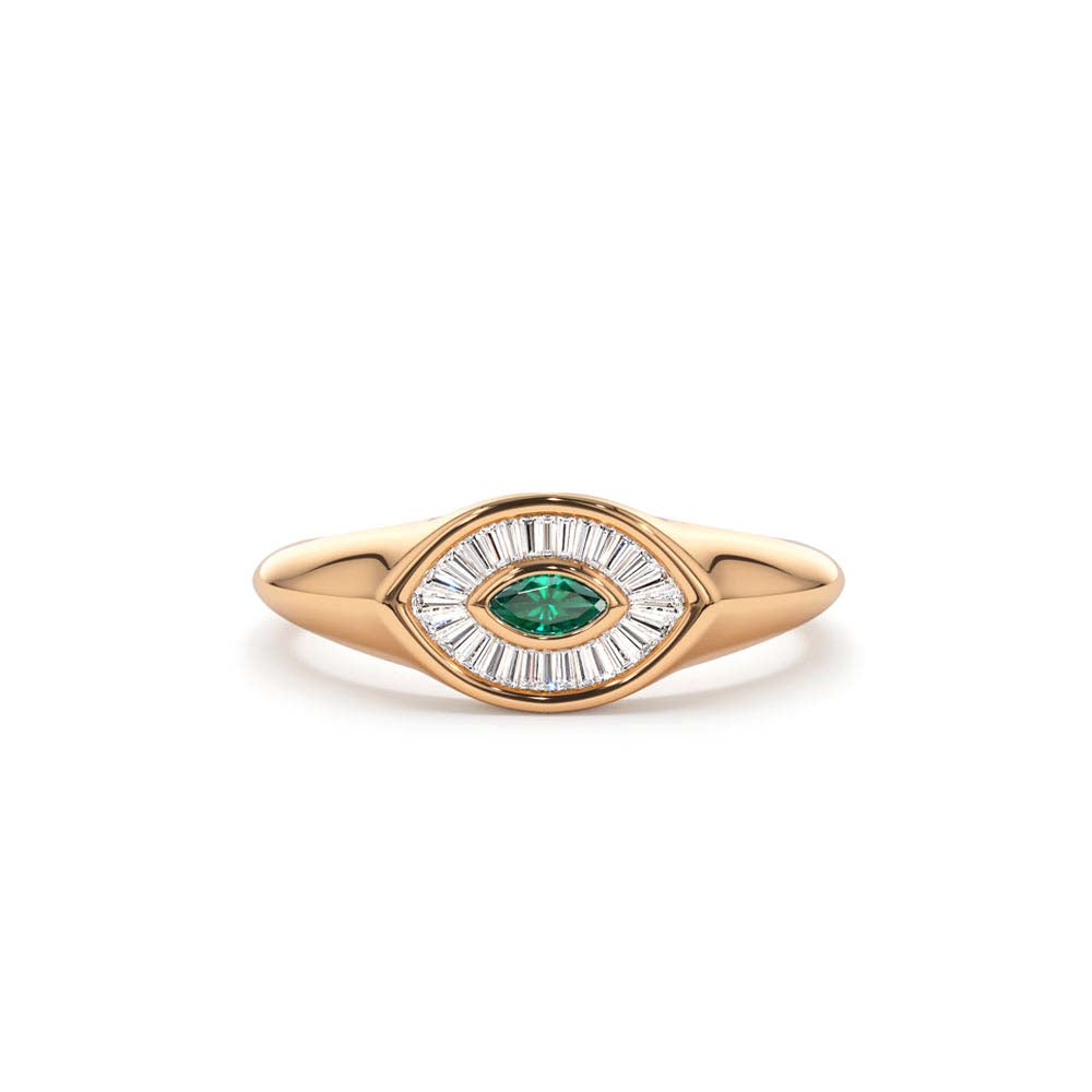 14K Marquise Shaped Emerald and Baguette Diamond Ring - view 2