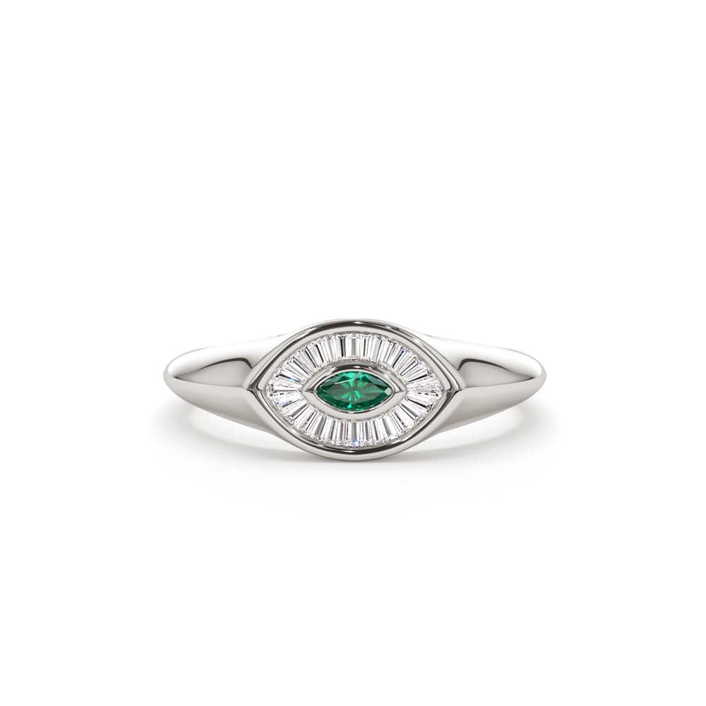 14K Marquise Shaped Emerald and Baguette Diamond Ring - view 3