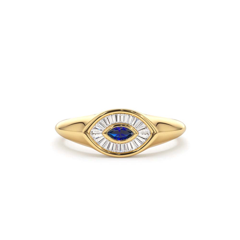 14K Marquise Shaped Sapphire and Baguette Diamond Ring by Orlina Fine