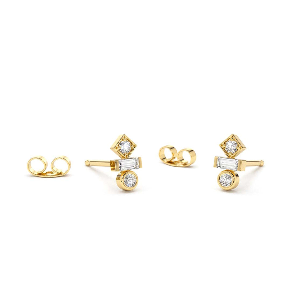 14K Gold Baguette and Round Cut Mix Diamond Earrings by Orlina Fine