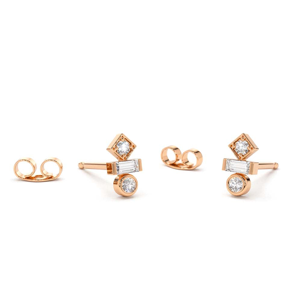 14K Gold Baguette and Round Cut Mix Diamond Earrings - view 2