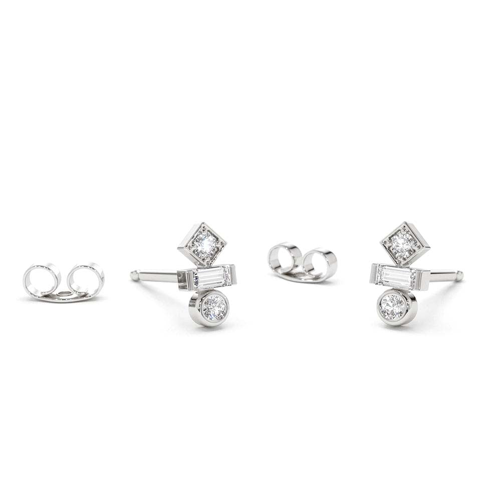 14K Gold Baguette and Round Cut Mix Diamond Earrings - view 3