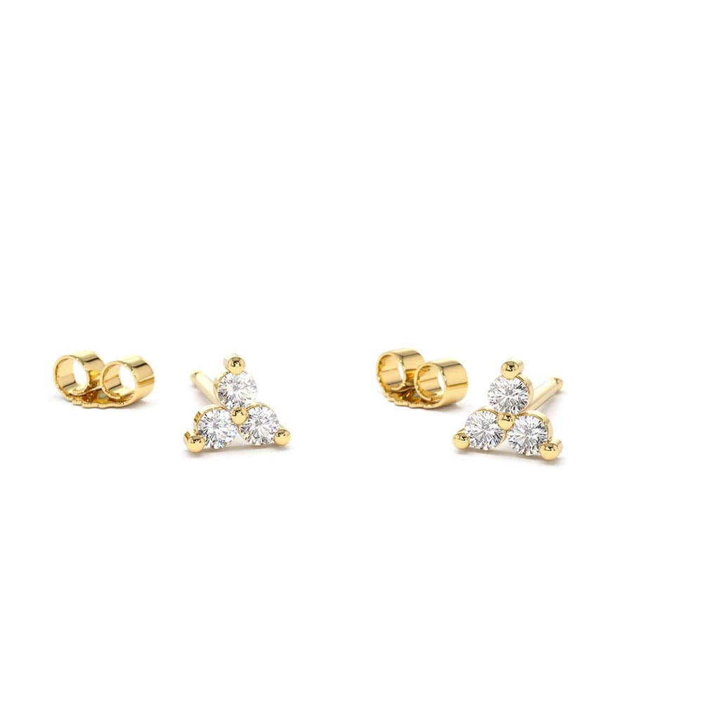 14K Gold Prong Setting Diamond Trio Tiny Stud Earrings by Orlina Fine