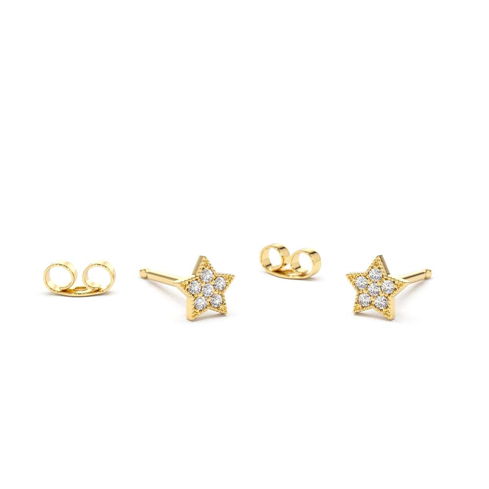 14K Gold Tiny Diamond Star Studs by Orlina Fine